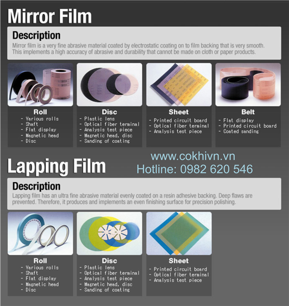 Nhám mỏng micro finishing, mirco film, lapping film, cho ngành cơ khí chính xác